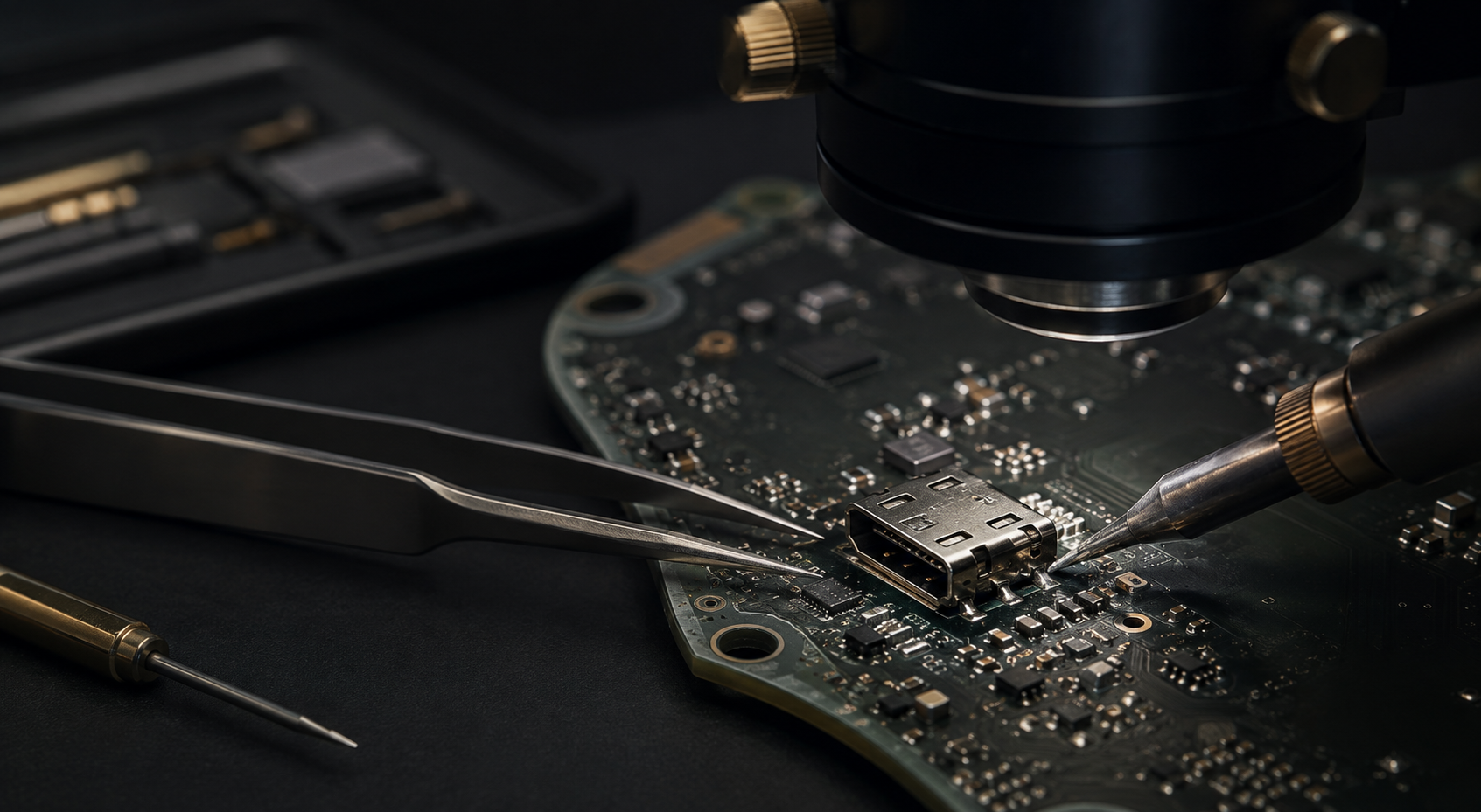 Illustration of microscope-level circuit board repair